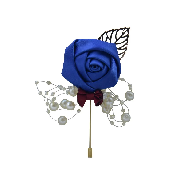 Лучший бутоньерка жениха атласная роза человек Жених Бутоньерка Свадебная вечеринка Выпускной мужской костюм корсаж булавка брошь - Цвет: Royal Blue