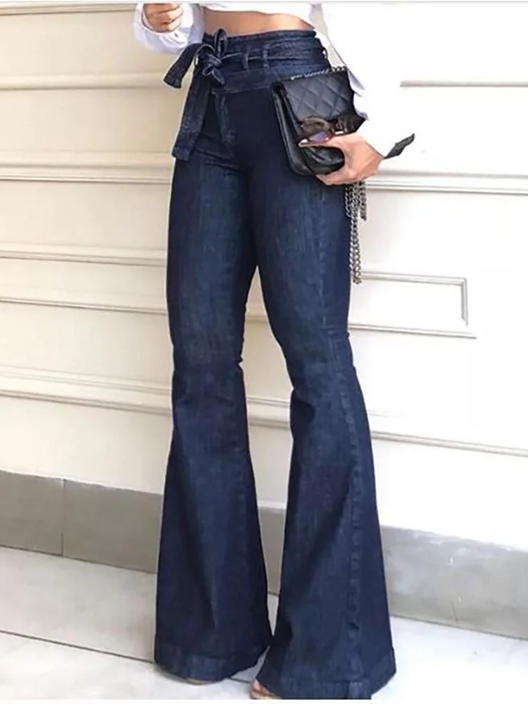 

Women Solid Denim High Waist Bell-Bottom Jeans Autumn Plus Size Casual Jeans
