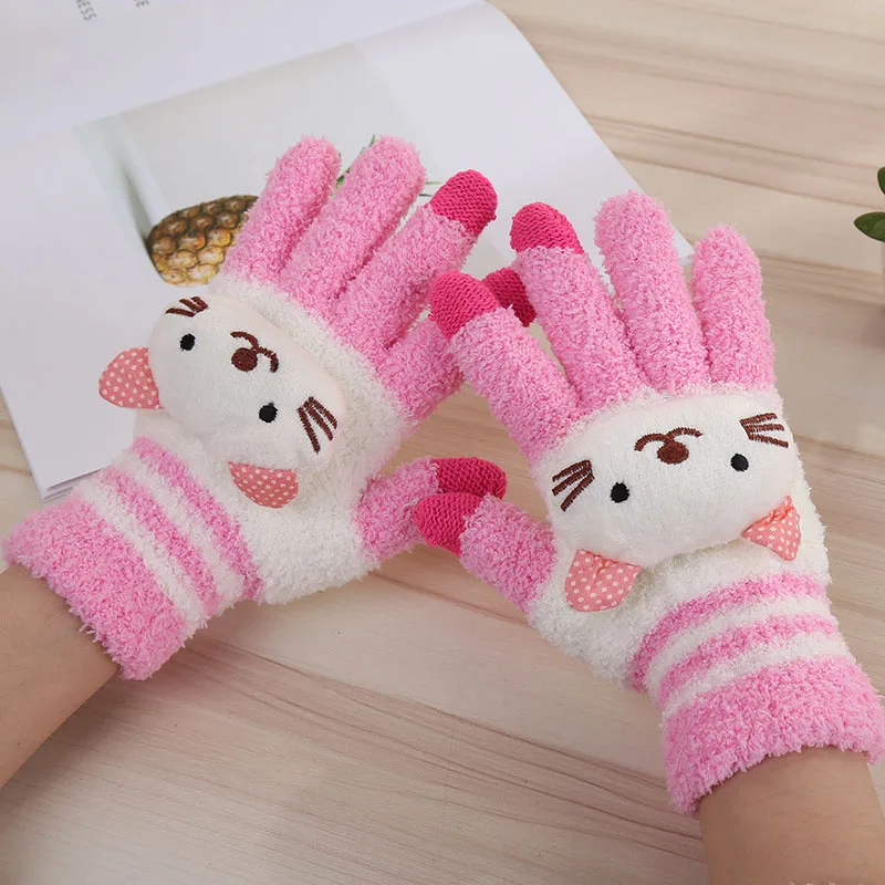 Pink Coslony женские зимние теплые милые вязаные перчатки с рисунком панды, кошки, кролика для девочек, женские модные варежки из кораллового флиса - Цвет: Pink