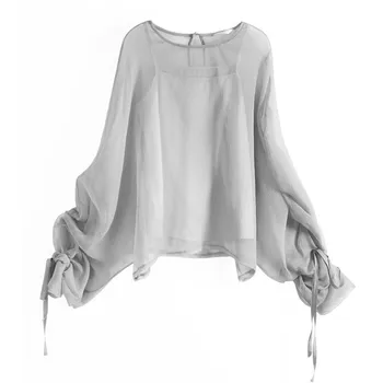 

Women Chiffon Blouse Autumn Gray Color Shirt Women Lantern Sleeve Tulle Transparent Sexy Tops Large Size Casual Clothes