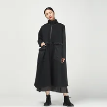 [EAM] длинное шерстяное пальто свободного кроя цвета хаки с разрезом, большой размер, парки, новинка, длинный рукав, женская мода, Осень-зима, 1M025