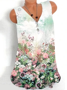 

New women's V-neck T-shirt printing casual T-shirt sleeveless vest shirt ladies bottoming shirt fashion