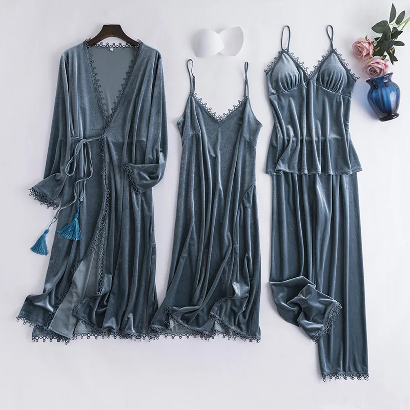

2019 Autumn Winter Gold Velvet 4 Pieces Warm Women Pajamas Sets Sexy Lace Sleepwear Sexy Sleep Lounge Sleeveless Nightwear