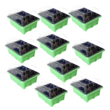 

10Pcs 12 Holes Plants Seedling Tray Plant Grow Kit Nursery Box Propagation - Green Water Tray+Black Hole Tray+Transparent Cover