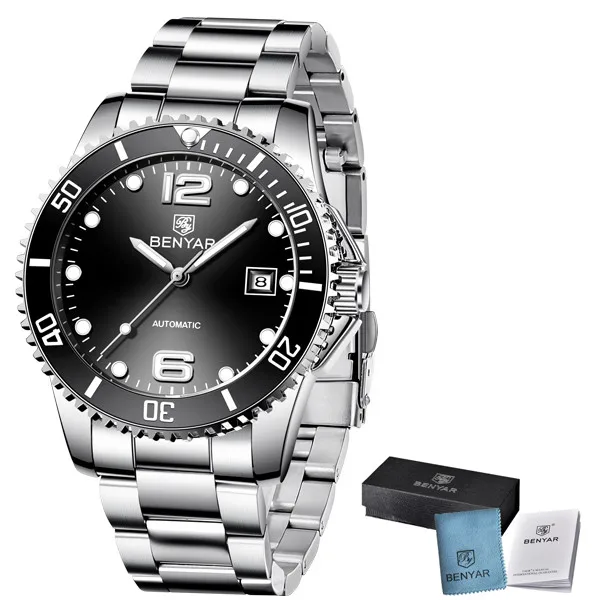 BENYAR Роскошные Брендовые мужские часы Reloj Hombre автоматические водонепроницаемые деловые механические зеленые часы Relogio Masculino - Цвет: Черный
