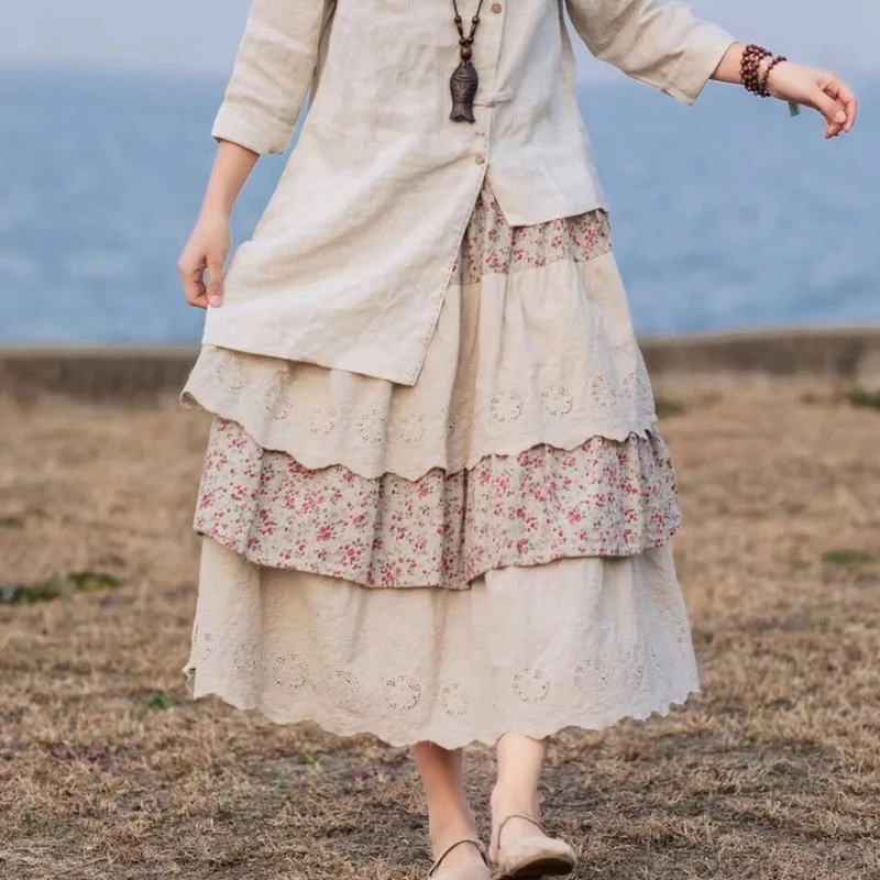 

Romantic Rustic flowers print lace patchwork layers A-line cake skirt 2020 spring