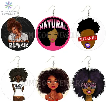 

SOMESOOR Melanin Girl Gang Afro Natural Hair Wooden Drop Earrings African Black Unapologetically Design Jewelry For Women Gifts