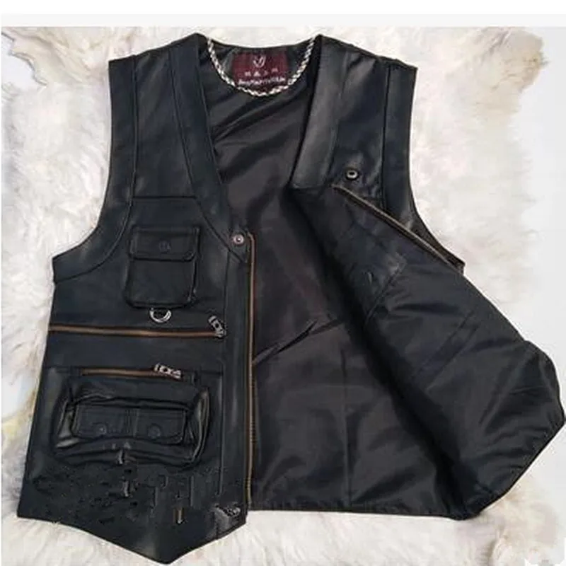 Beste 2019 Nieuwe Gentlement Lederen Vest Mannelijke Slanke Commerciële Mannelijke Lederen Vest Schapenvacht Lederen Mannen Vest Met Veel Zakken
