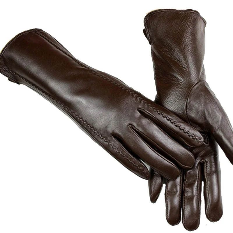 Leather gloves women's sheepskin gloves long stripe style plus velvet warm autumn and winter windproof gloves free shipping