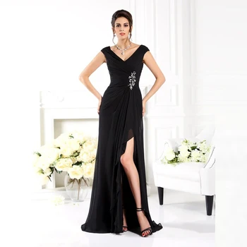 

Wholesale Sexy Side Split Chiffon Cap Sleeves Mother of the Bride Dresses Beaded V Neckline Wedding Guest Dress Pleated