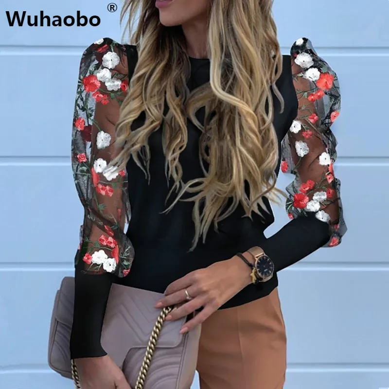 Wuhaobo Цветочная вышивка трикотажная Сетчатая футболка для женщин Blusa Топ черный с длинным рукавом Женские футболки весенние женские топы
