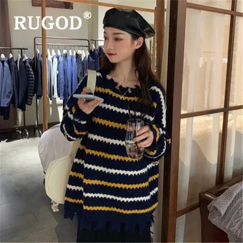 

RUGOD New Korean Style Irregular Collar And Hem Stripe Knitted Pullover Elegant Loose Medium Long Sweater Ladies