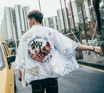 

Summer Print Kimomo Gown Men Japanese Cardigan Robe Casual Outerwear Soft Male Japanese Kimono Yukata Beach Kimono
