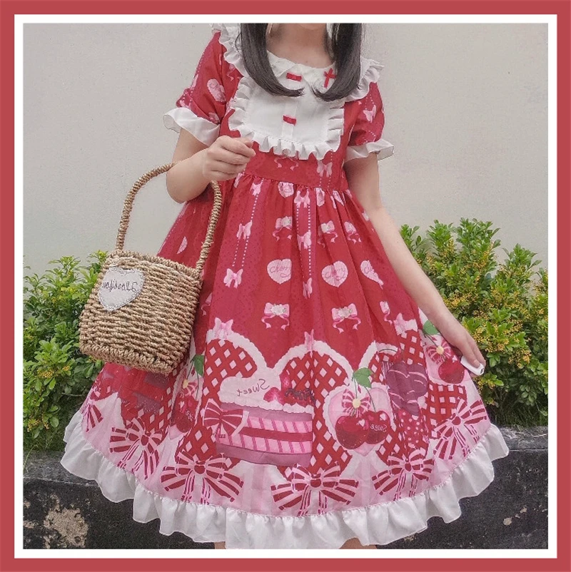 

Lolita Kawaii Pink Peter Pan Tutu Dress Girls Doll Collar Cute Lace Strawberry Bandage Short Dress Women Princess Party Dress