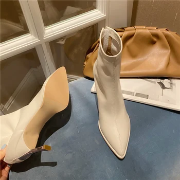 

Women Soft Leather 2020 Ankle Boots Pointed Toe White Black 6cm High Heels Sock Boots Motorcycle Boots Shoes Female Botas Mujer