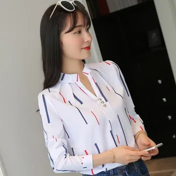 

Women Stripe Print Tops Blouses Fashion Long Sleeve Office Lady Work Formal Chiffon Female Blouse Lady