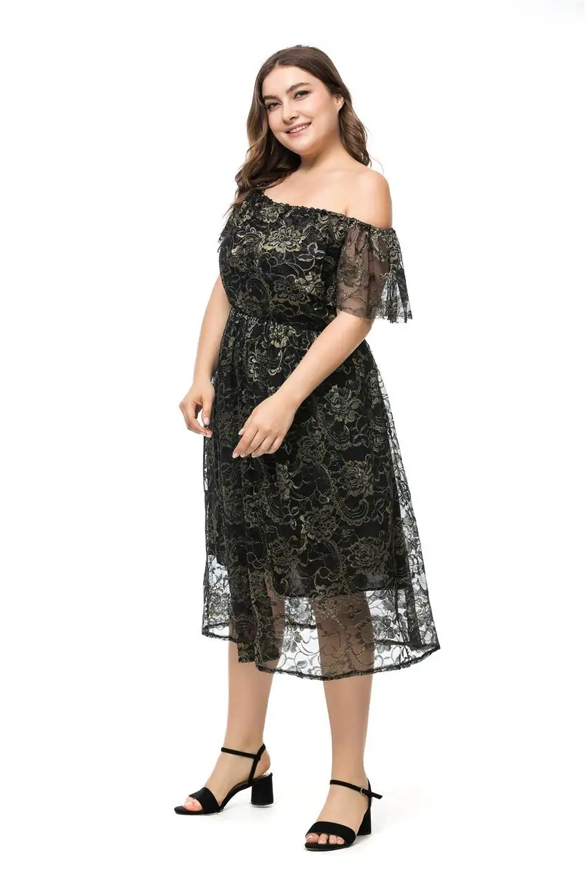 Plus Size Off Shoulder Lace Evening Party Dress 5XL 6XL Slash Neck Women Casual Floral Dress Black Large Size Tunic Long Dresses