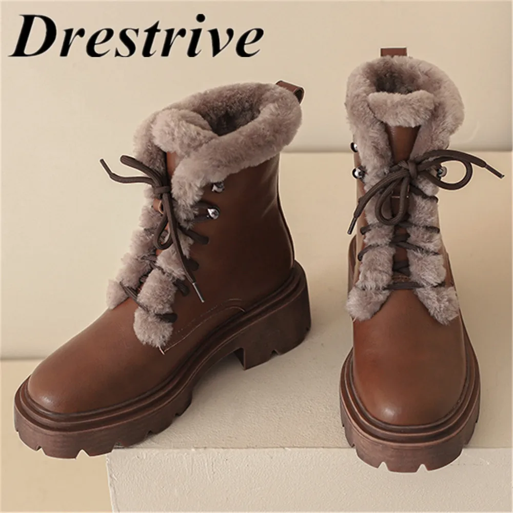 

Drestrive New Top Quality Leather Women Lace Up Platform Thick Heels Snow Ankle Boots Warm Ladies Round Toe Casual Shoes Brown
