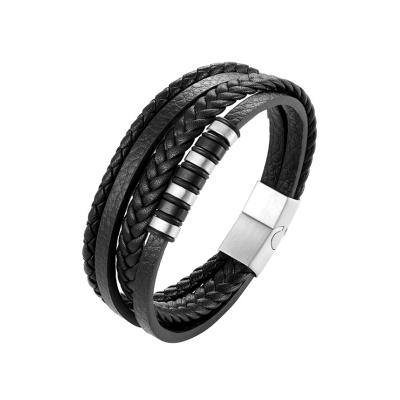 Leather Bracelet Classic Fashion Charm Multilayer Black Braided Leather Bracelet Suitable for Men's Wrist Party Jewelry
