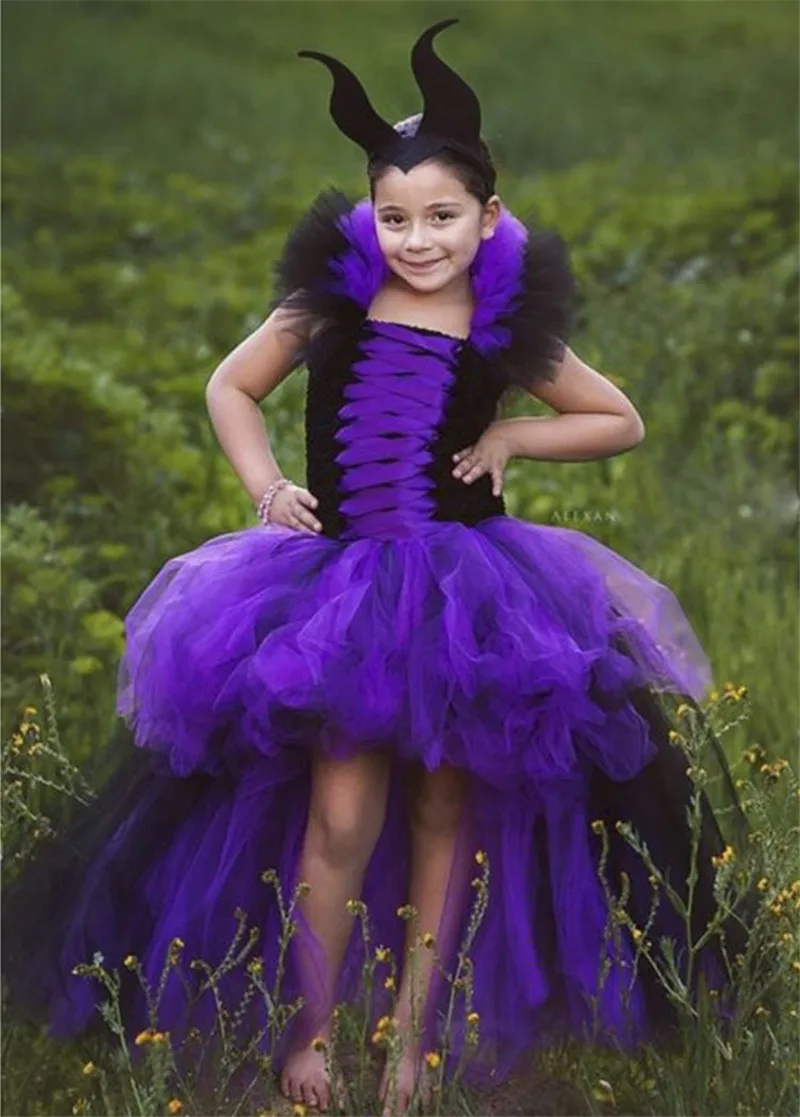 Maleficent of evil queen/платье-пачка для девочек с рожками, красные, фиолетовые платья ведьмы на Хэллоуин, костюм для костюмированной вечеринки для девочек