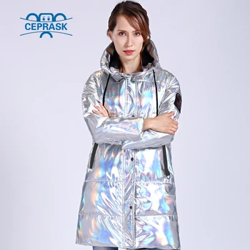 

CEPRASK 2020 Winter Jacket Women Silver Holographic Glitter Plus Size Long Women's Winter Coat Hooded Thick Down Jacket Parka
