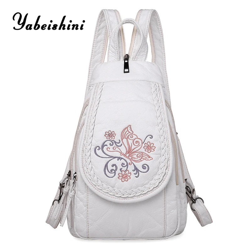 Women Backpack White Flowers Embroidery School-Bags Teenage Small Girls Fashion for Travel