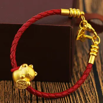 

Real 24K Yellow Gold 3D Craft Cat Bead with Red Leather Bracelet For Women
