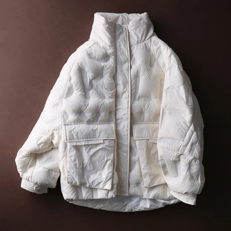 Зимний пушистый натуральный пуховик с буквенным принтом, женская новая модная куртка на 90% утином пуху с воротником-стойкой, F699 - Цвет: white