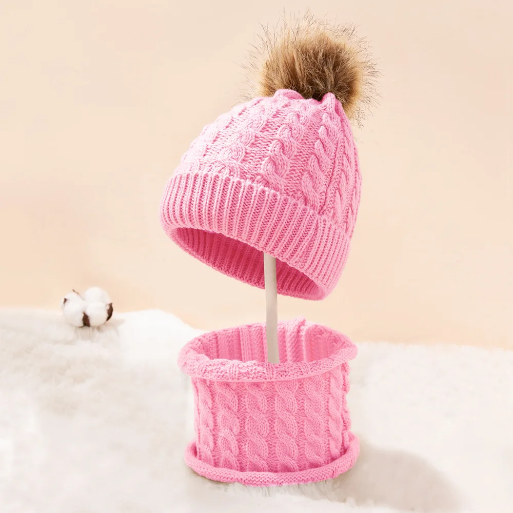 Traje forrado de lana para mujer de punto bufanda de frijoles Sombrero de  esquí de invierno para niñas con orejeras Pompón Chenilla Pink Cap + babero