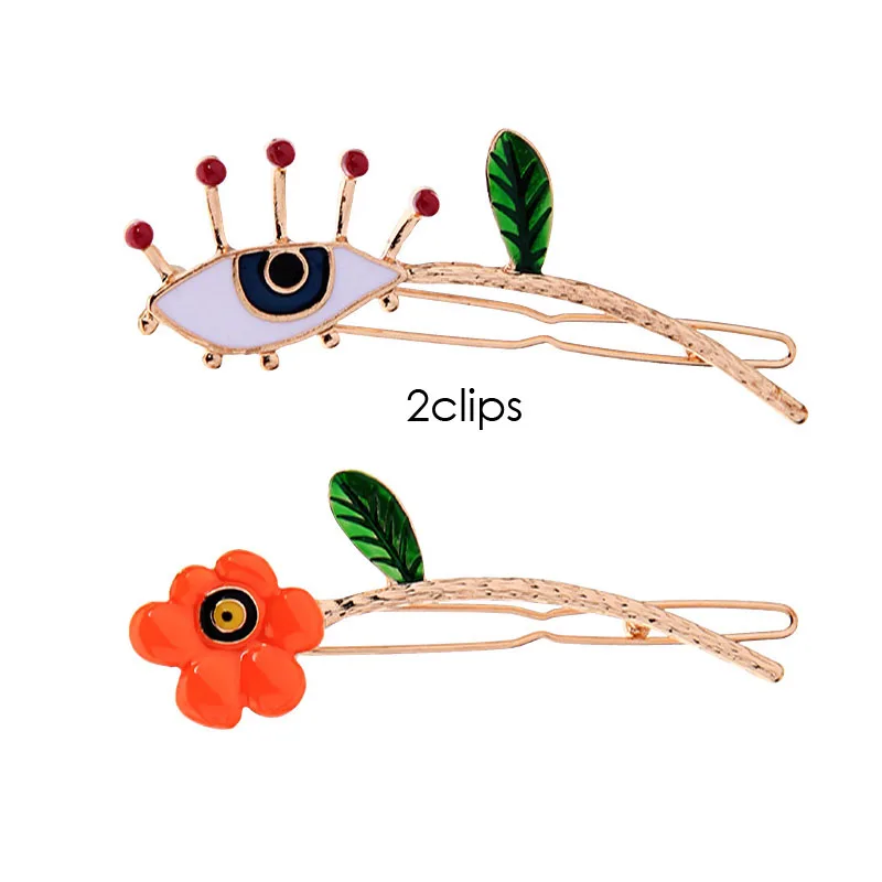 F.J4Z Hot Fashion Hair Clips for Women Designer Enamel Eye Flower Hairgrips Ins Girls Hair Jewelry Accessories Palillos del pelo - Окраска металла: No.4  2clilps