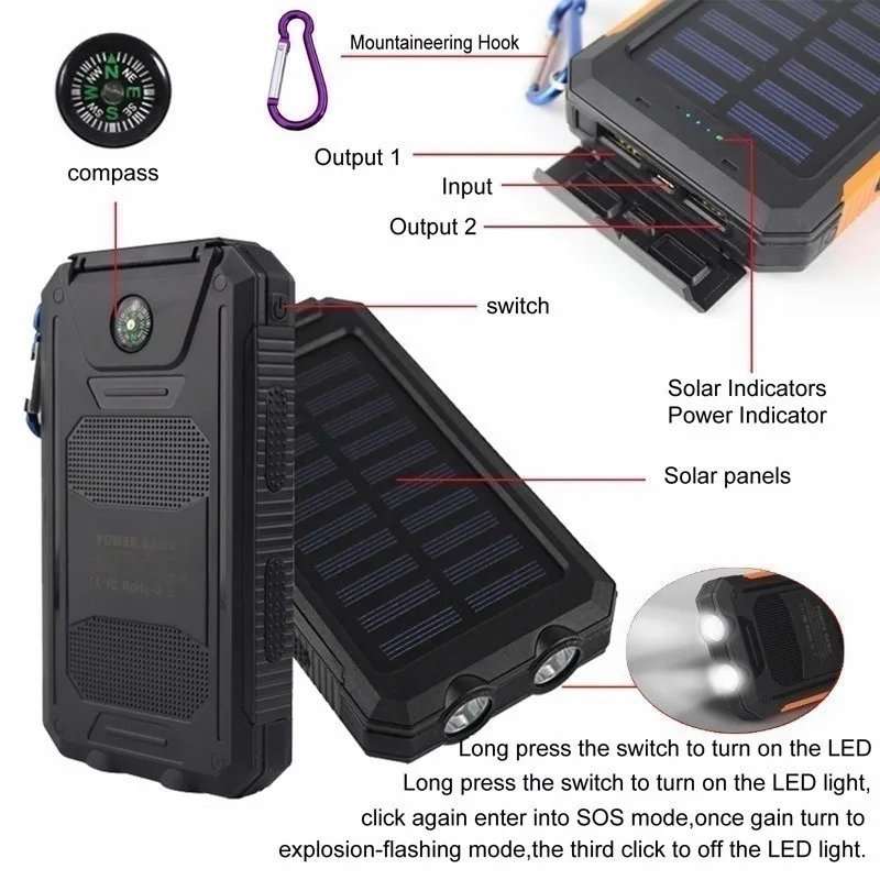 30000mAh Водонепроницаемый Солнечный внешний аккумулятор портативный двойной USB с SOS