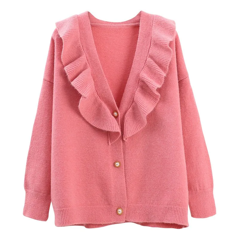 Autumn New Ruffles Decoration Solid Color Sweater Fashion Sweet V-neck Long-sleeved Women Knit Cardigan New