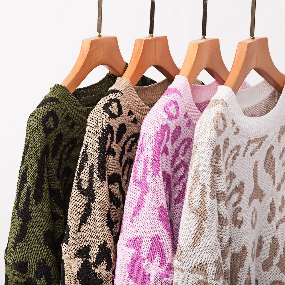 Женский свитер с леопардовым принтом, длинный рукав, вырез лодочкой, вязаный пуловер большого размера, свитера, Осень-зима, Модный женский пуловер
