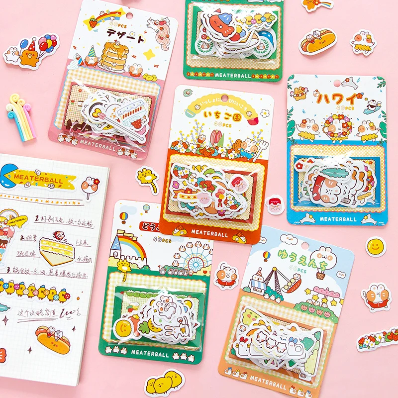 40 Pcs/set Kawaii Journal Stickers Scrapbooking Cute Cartoon Animal Rabbit Decoration Custom Flakes | Канцтовары для офиса и