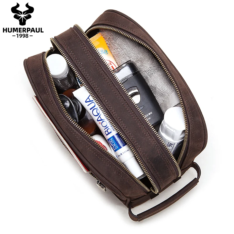 

Crazy Horse Leather Multifunctional Portable Cosmetic Bag MenTravel Wash Toothbrush Pouch Organizer Zipper Toiletry Kit Bags