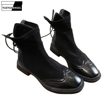 

Women Patchwork Ankle Boots Wing Tip Lace Up Female Block Low Heels Biker Boots Casual Streetwear Classic Black High Top Shoes