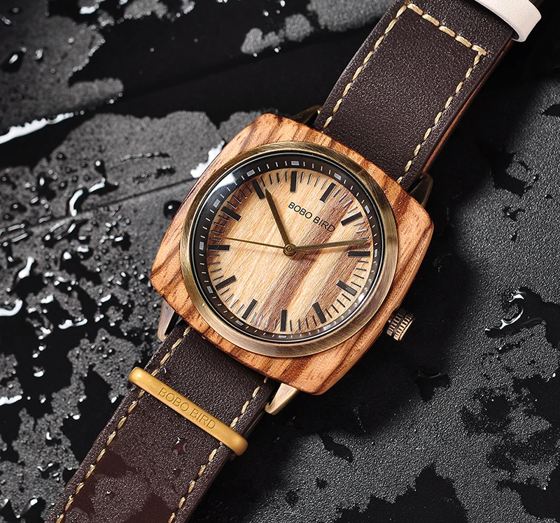 leather strap Повседневные мужские часы BOBO BIRD, деревянные, простые, Зебра, деревянные наручные часы, деревянная Подарочная коробка, логотип, подарок на Рождество, годовщину - Цвет: leather strap