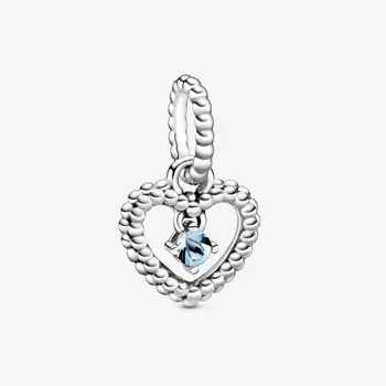 

JrSr new 100% 925 Sterling Silver Bead Mar. Blue Zircon Heart Dangle Charms fit Pandora Bracelet Women DIY Jewelry Free shipping