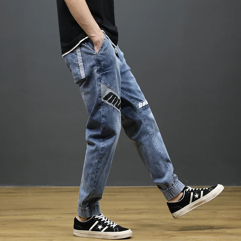 Japanese Style Fashion Men's Jogger Jeans Light Blue Color Streetwear Punk Pants Hip Hop Jeans Men