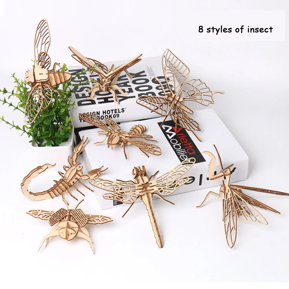 

Vokmascot 3D Wooden Puzzle Assembling Cute Animal Butterfly Bee Dragonfly Deetle Insert Model Gift Home Furnishings Educational
