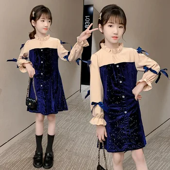 

Teenage Girls Spring Autumn Retro Slim Cute Dress Fashion Christmas New Korean Baby Girl Princess Dress Halloween Kids Clothes