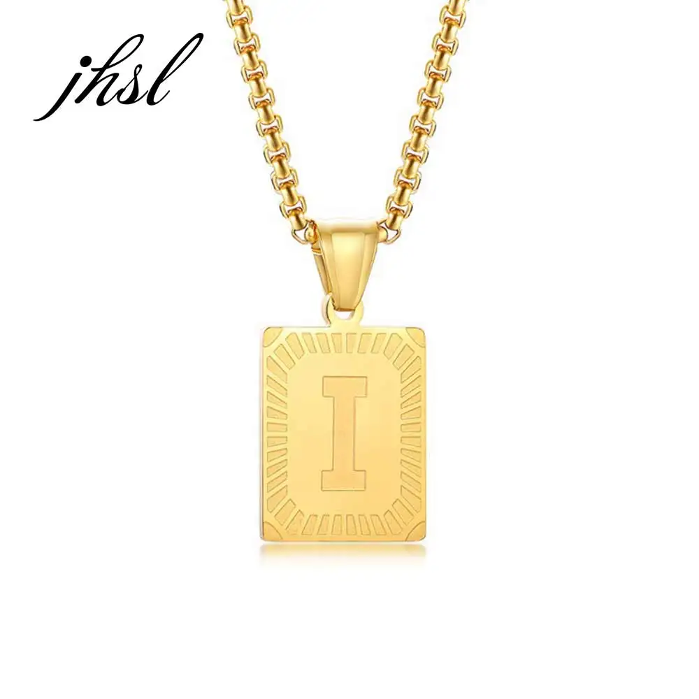 

JHSL 26 Letter Unisex Men Necklace Small Tag Pendants Black Silver Gold Color Stainless Steel Fashion Jewelry
