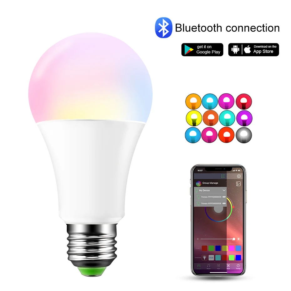 Умная Беспроводная Bluetooth-лампа Е27 15 Вт 85-265 в 20 режимов | Лампы и освещение