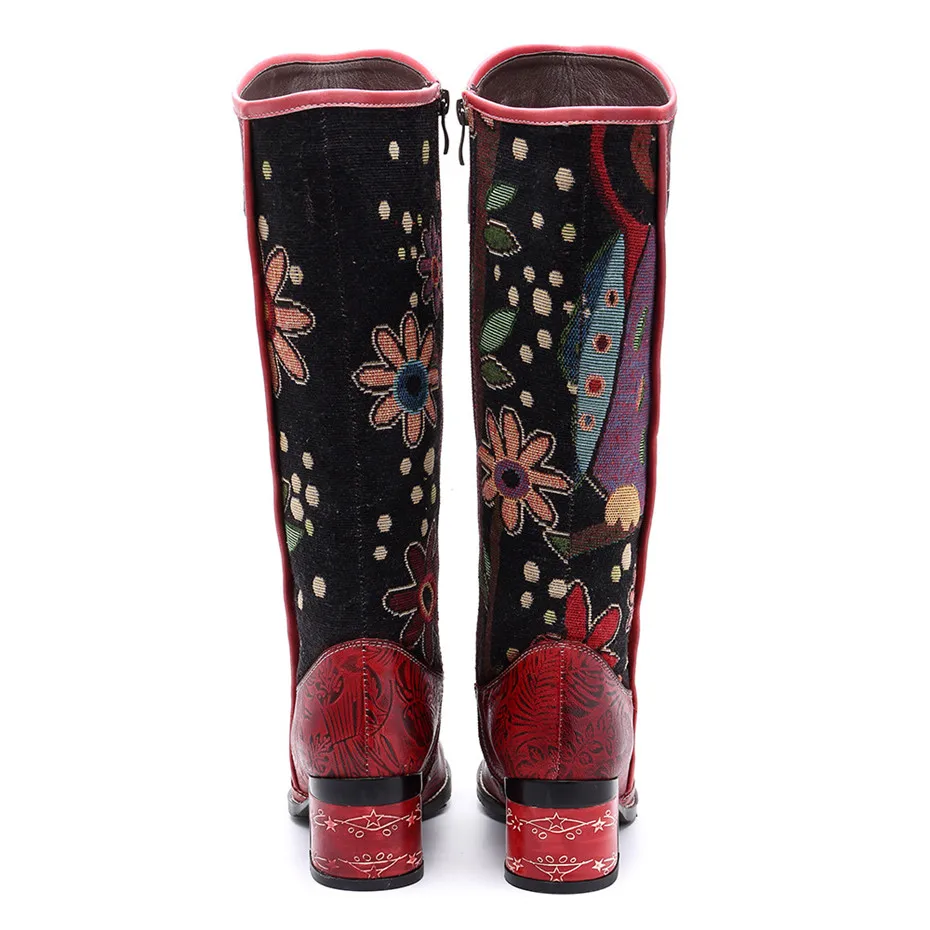Fashion Patchwork Western Cowboy Boots Women Shoes Bohemian Genuine Leather Shoes Woman Vintage Side Zip Knee High Riding Boots (17)