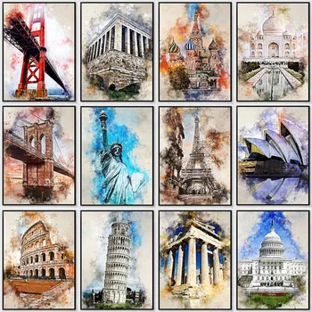 

DIY Watercolo Europe City Diamond Painting Rhinestone Cross Stitch Full Square Round Drill Retro Landmark Tower Embroidery Decor