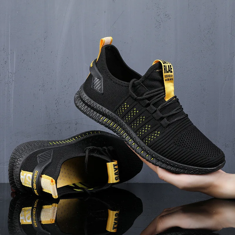 Black-Yellow Новинка, мужские кроссовки, дышащие, легкие, повседневные, на шнуровке, удобные, на плоской подошве, мужские кроссовки для бега - Цвет: Black-Yellow