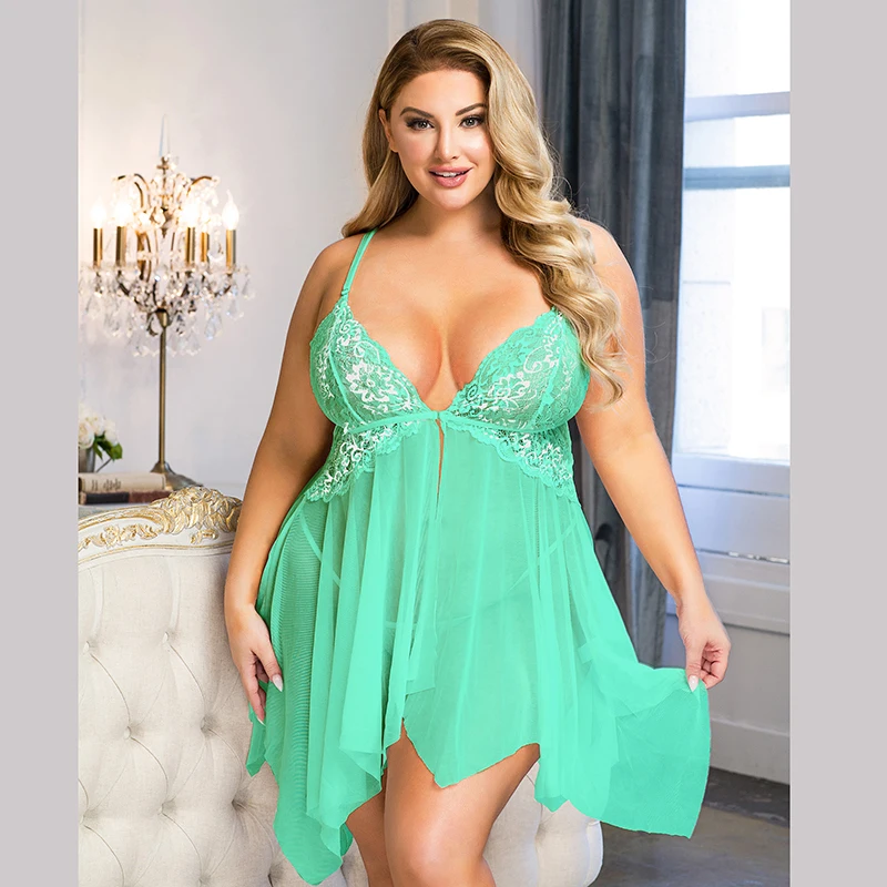 Erotic Sexy Lingerie For Women Nightwear 5XL Big Size Short Lace Transparent Deep V-Neck Mesh Sling Loose Chemise De Nuit Femme