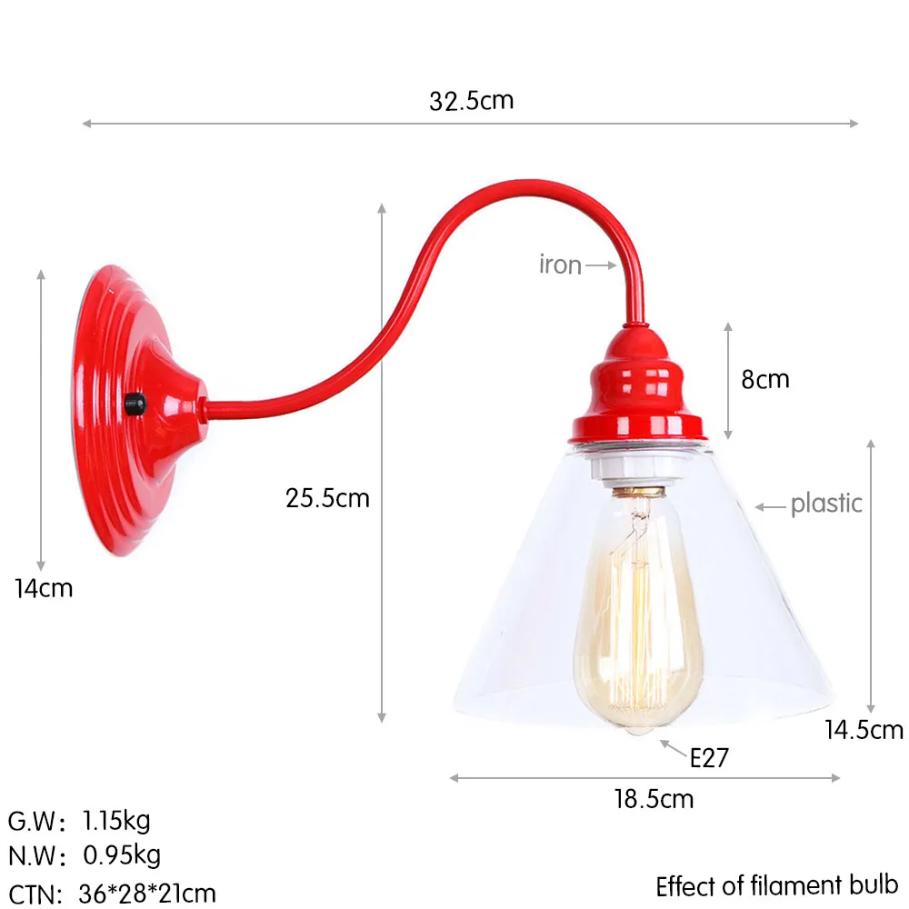 RH стиль античный красный бра железные настенные лампы стекло промышленного Эдисона светодиодный настенный Лофт-светильник Декор РЕСТОРАН прикроватный дом освещение