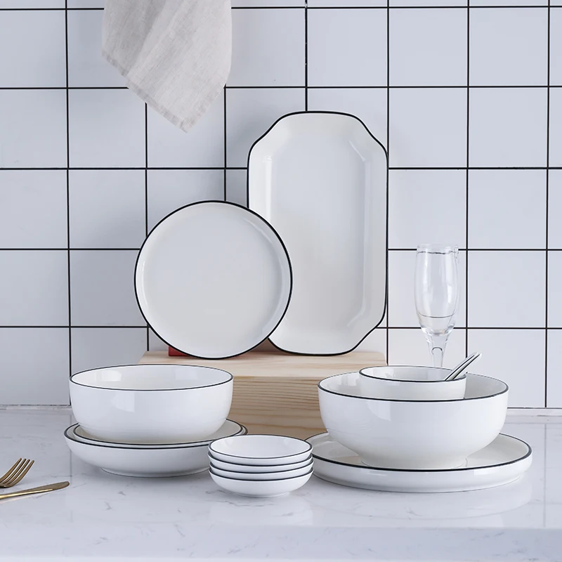 Black Rim White Ceramic Dinner Tray, Kitchen Plate, Tableware, Food Dishes, Soup Bowl, Kitchen Cook Tool, 1 Piece Sale