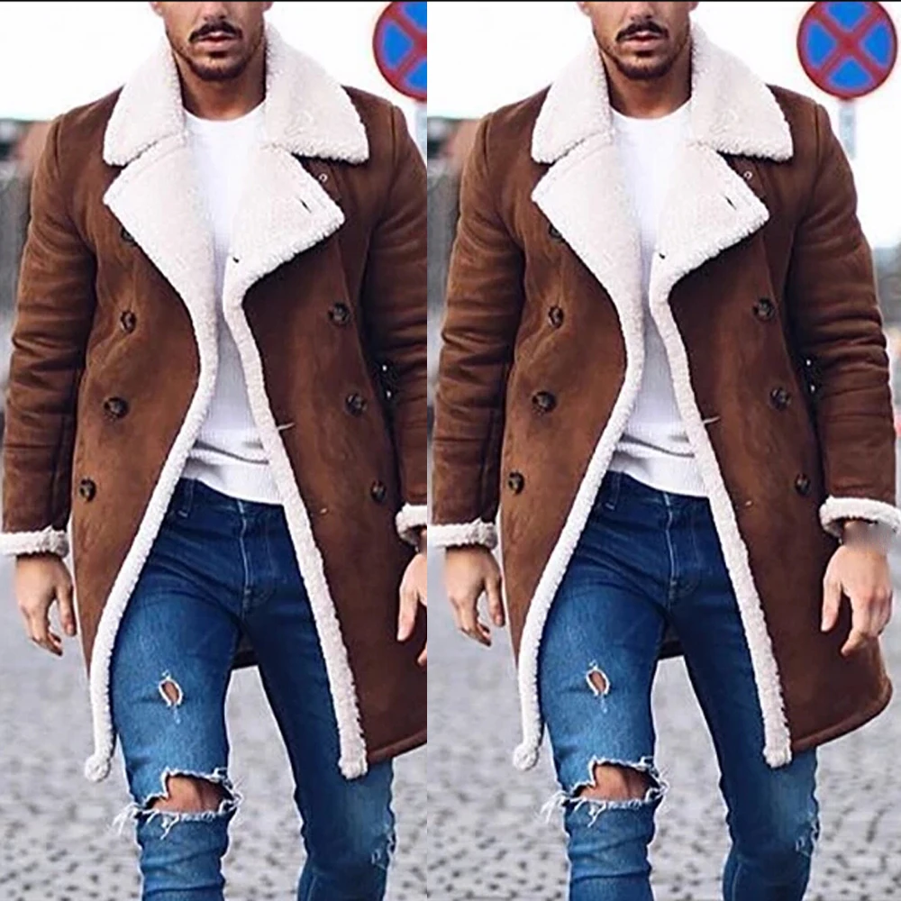 HIRIGIN, мужской меховой флисовый Тренч, пальто с отворотом, зимняя пушистая куртка на пуговицах, верхняя одежда, мужские модные кашемировые пальто